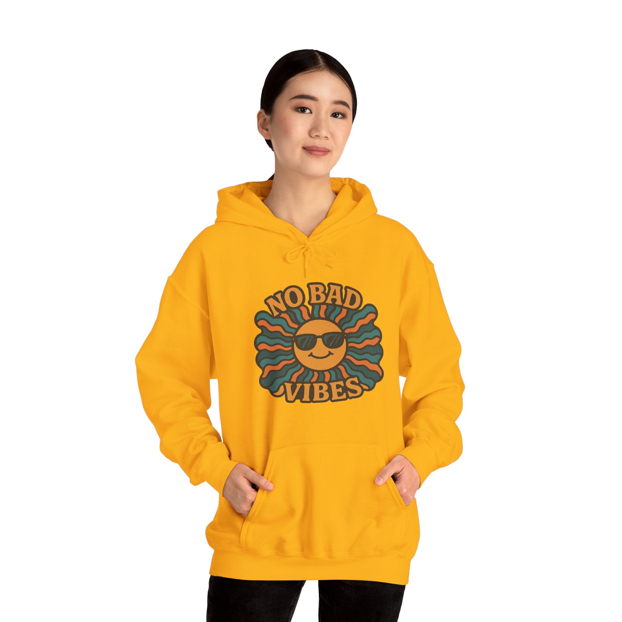 No Bad Vibes Hoodie – Unisex Pullover Sweatshirt, Cozy Positive Energy Hoodie, Retro Smiley Face, Chillwear Gift for Friends