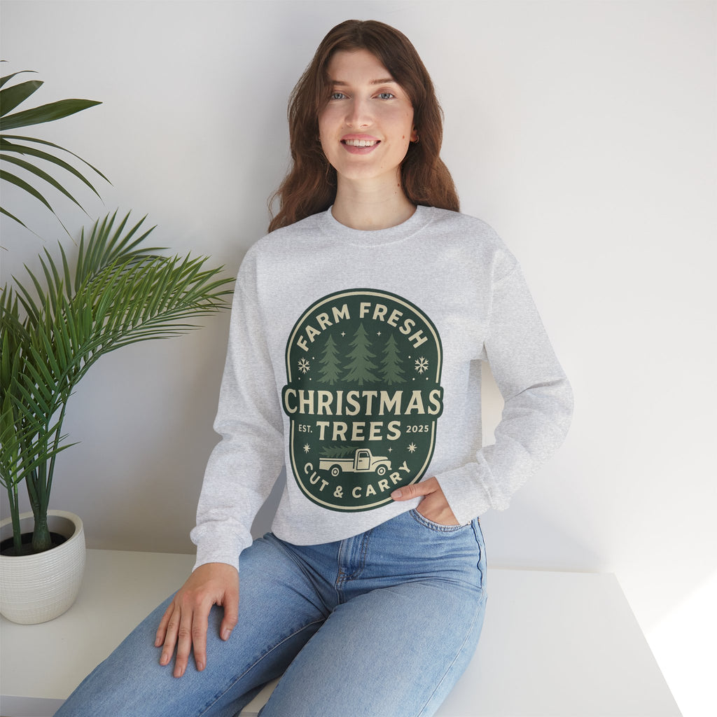 Farm Fresh Christmas Trees Sweatshirt, Cozy Holiday Apparel, Unisex Crewneck, Seasonal Gift, Christmas Sweater, Winter Wardrobe
