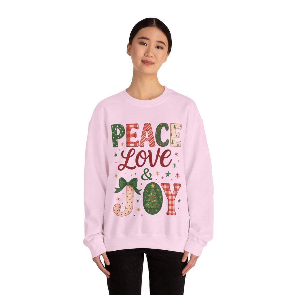 Peace, Love & Joy Christmas Sweatshirt – Festive Unisex Crewneck, Cozy Holiday Pullover, Positive Vibes Gift for Friends & Family