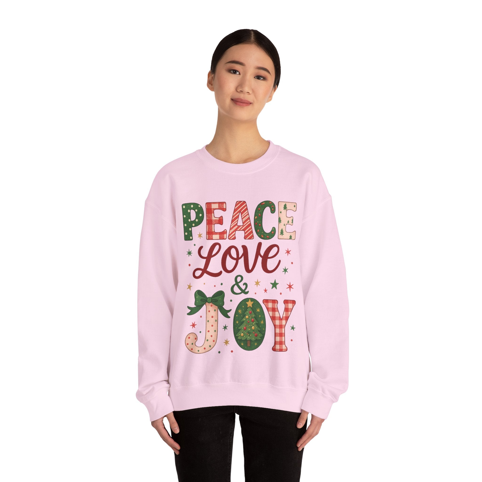 Peace, Love & Joy Christmas Sweatshirt – Festive Unisex Crewneck, Cozy Holiday Pullover, Positive Vibes Gift for Friends & Family