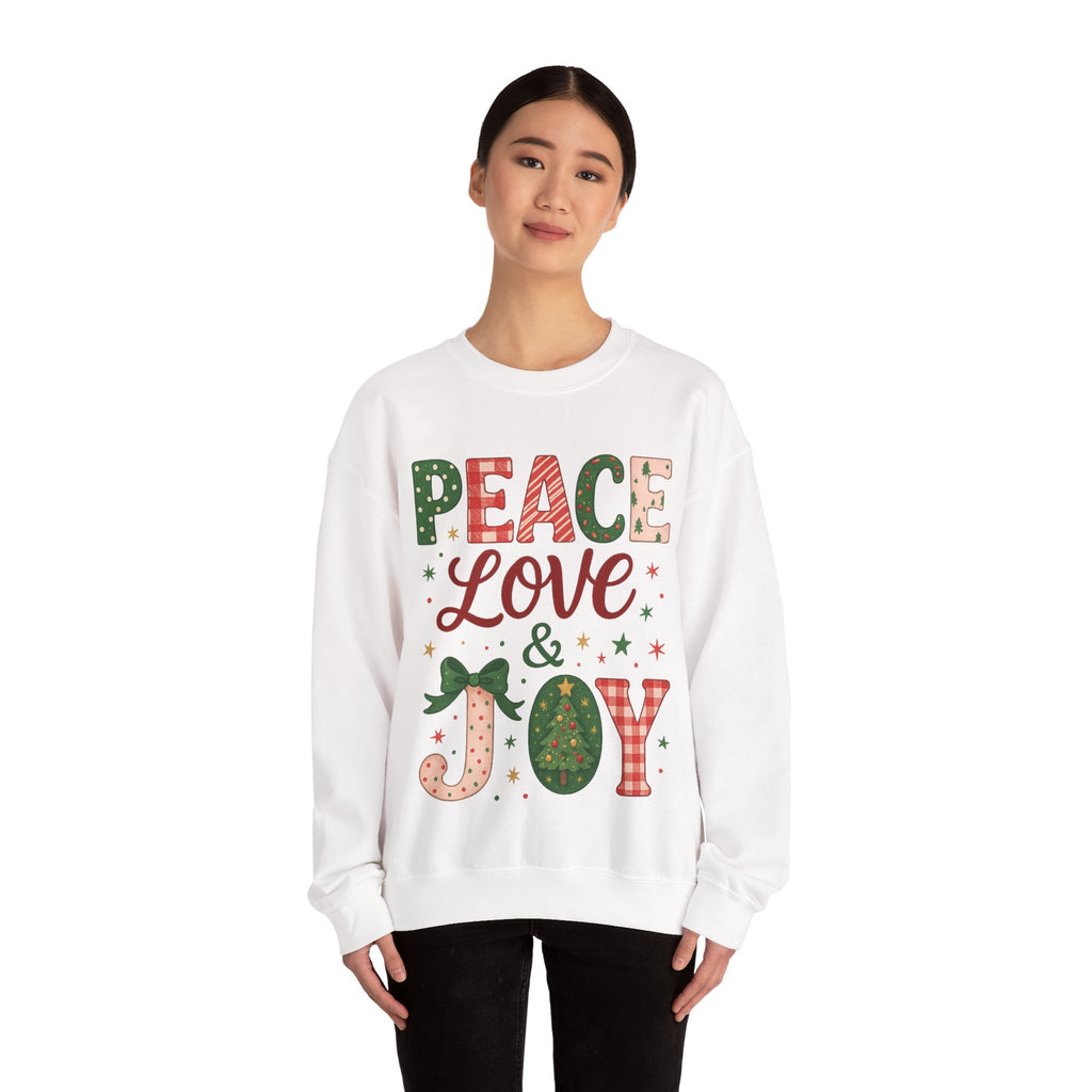 Peace, Love & Joy Christmas Sweatshirt – Festive Unisex Crewneck, Cozy Holiday Pullover, Positive Vibes Gift for Friends & Family