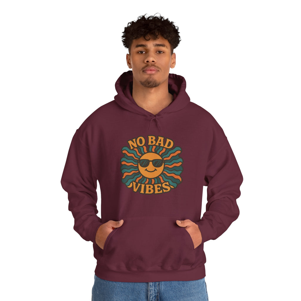 No Bad Vibes Hoodie – Unisex Pullover Sweatshirt, Cozy Positive Energy Hoodie, Retro Smiley Face, Chillwear Gift for Friends