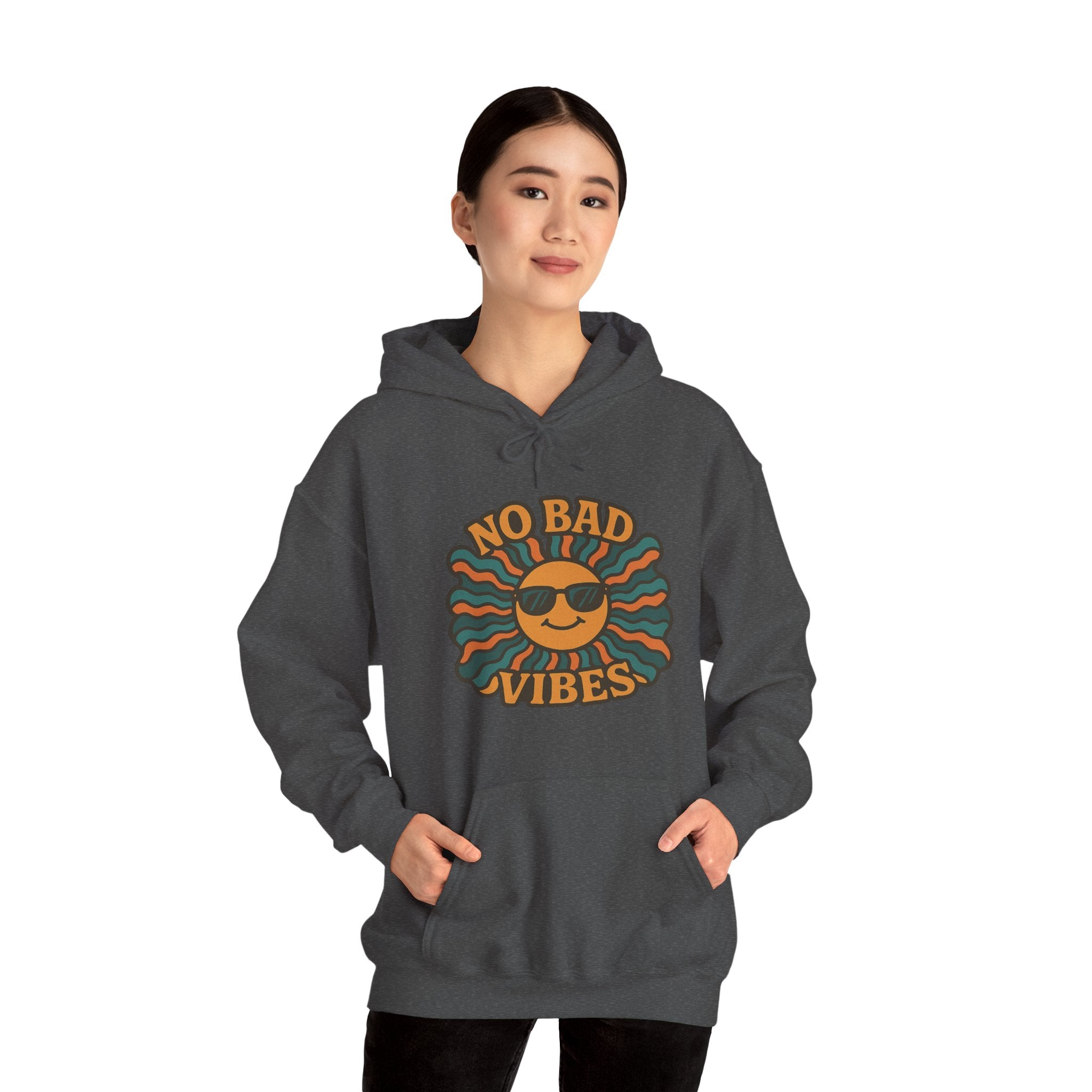 No Bad Vibes Hoodie – Unisex Pullover Sweatshirt, Cozy Positive Energy Hoodie, Retro Smiley Face, Chillwear Gift for Friends