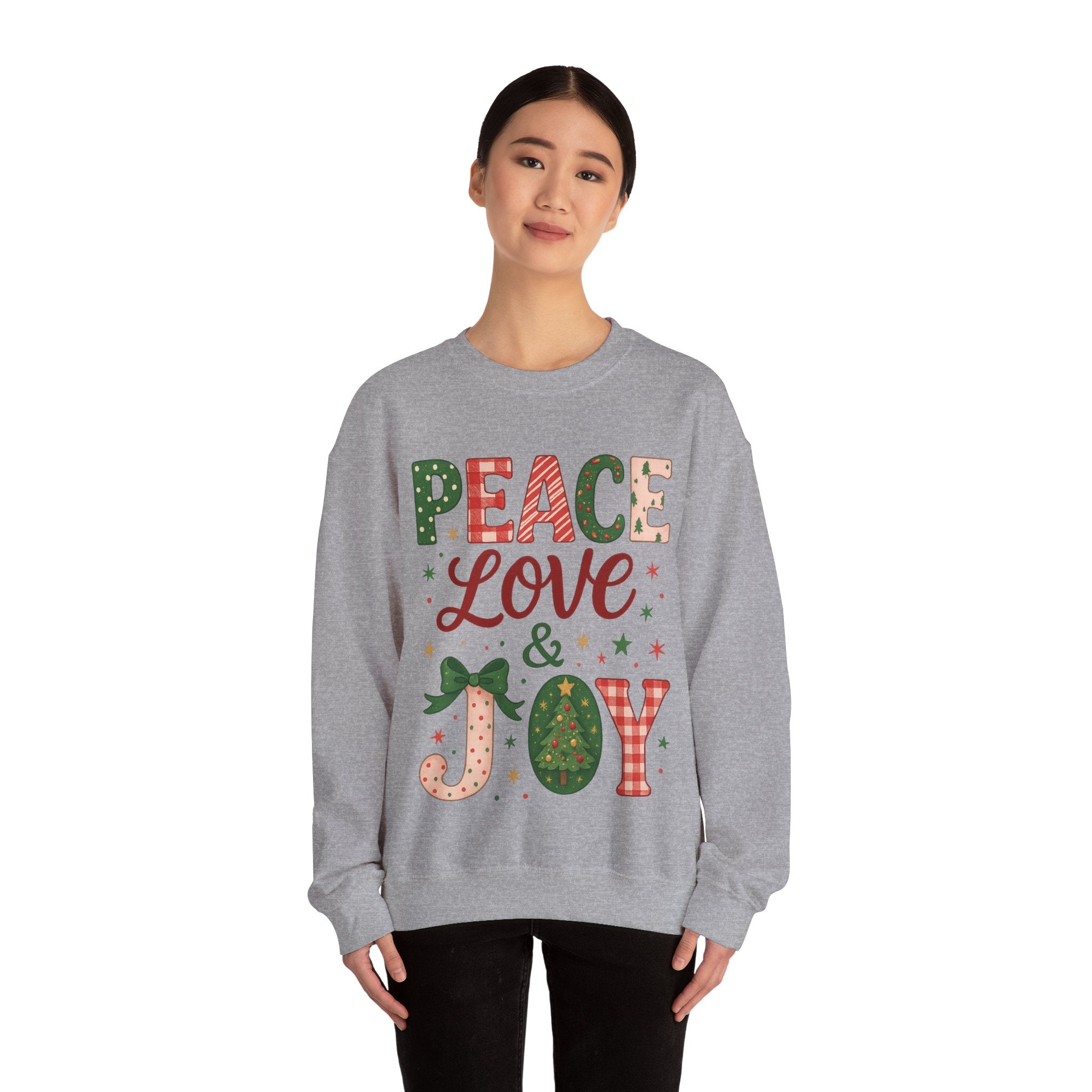 Peace, Love & Joy Christmas Sweatshirt – Festive Unisex Crewneck, Cozy Holiday Pullover, Positive Vibes Gift for Friends & Family