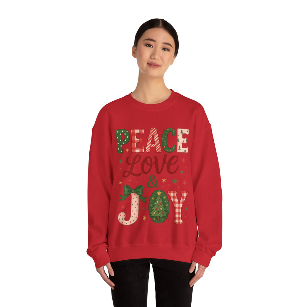 Peace, Love & Joy Christmas Sweatshirt – Festive Unisex Crewneck, Cozy Holiday Pullover, Positive Vibes Gift for Friends & Family