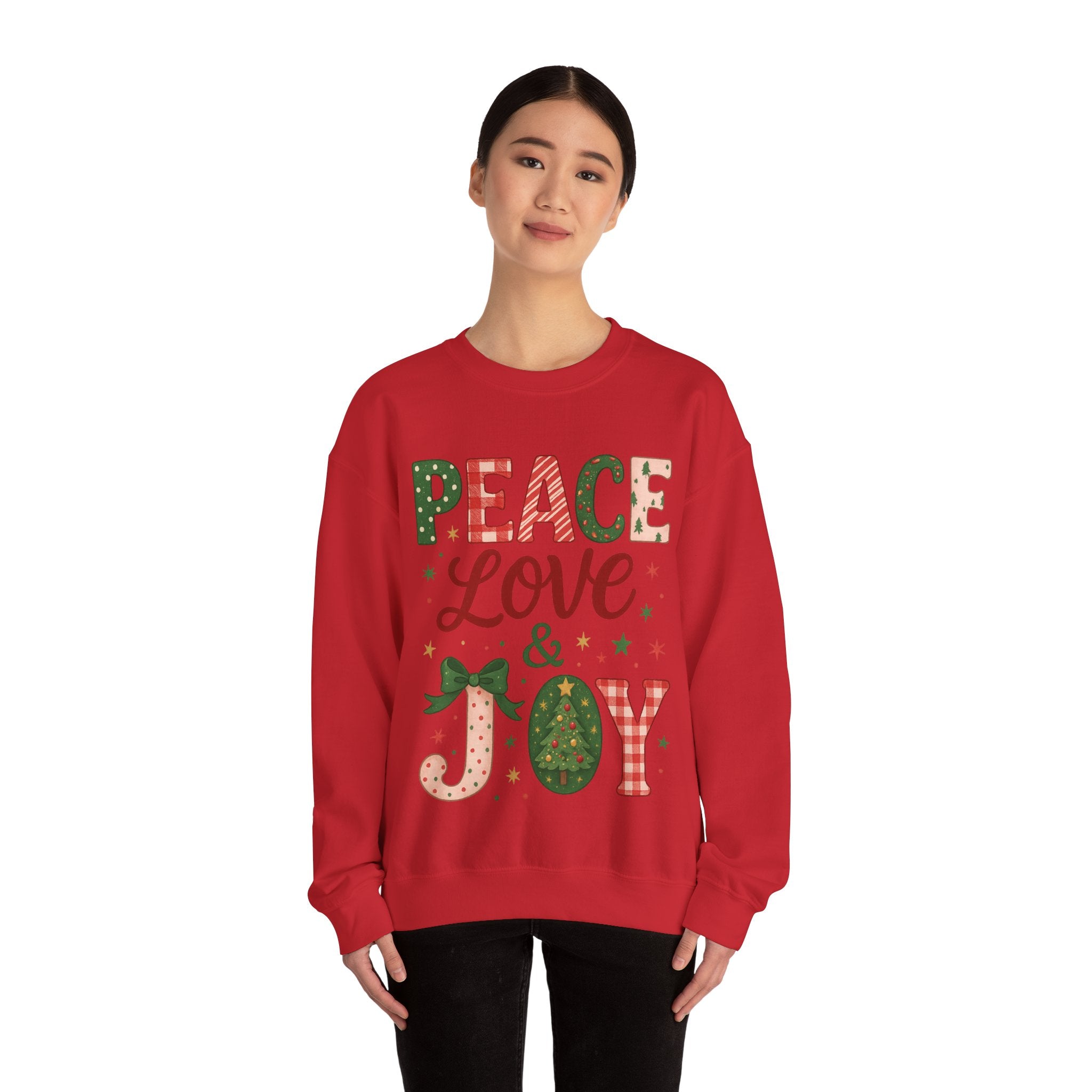 Peace, Love & Joy Christmas Sweatshirt – Festive Unisex Crewneck, Cozy Holiday Pullover, Positive Vibes Gift for Friends & Family