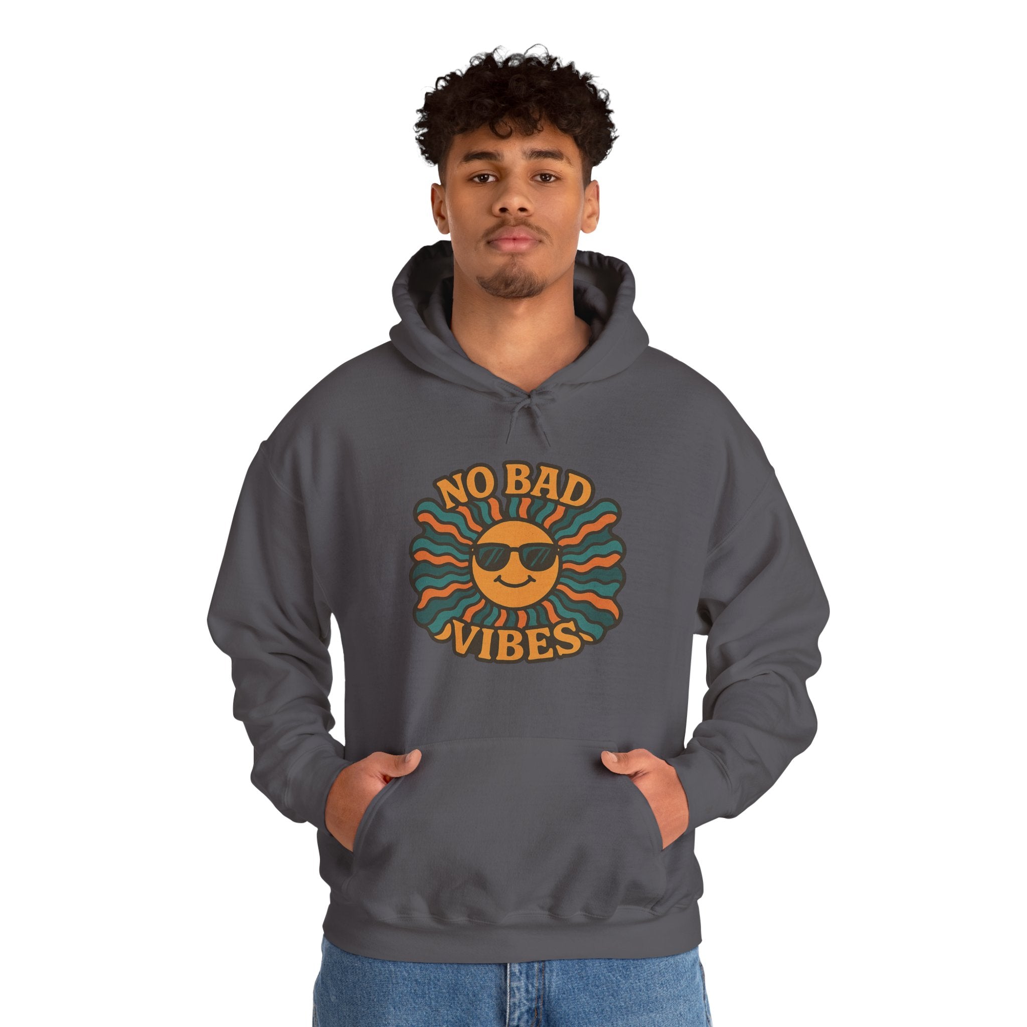 No Bad Vibes Hoodie – Unisex Pullover Sweatshirt, Cozy Positive Energy Hoodie, Retro Smiley Face, Chillwear Gift for Friends