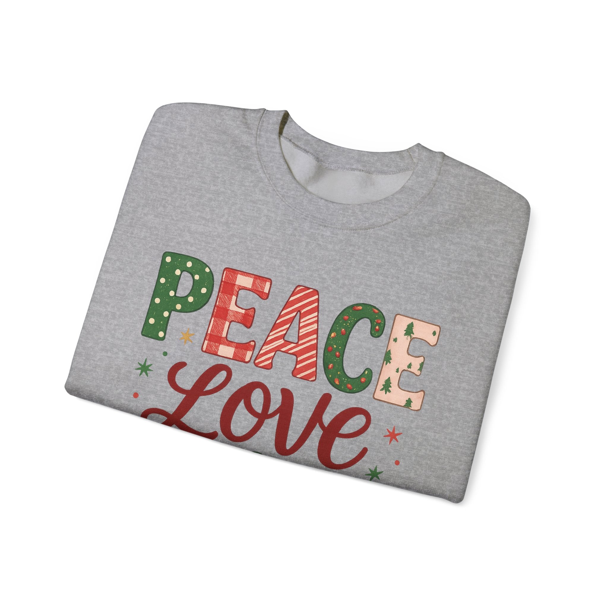 Peace, Love & Joy Christmas Sweatshirt – Festive Unisex Crewneck, Cozy Holiday Pullover, Positive Vibes Gift for Friends & Family