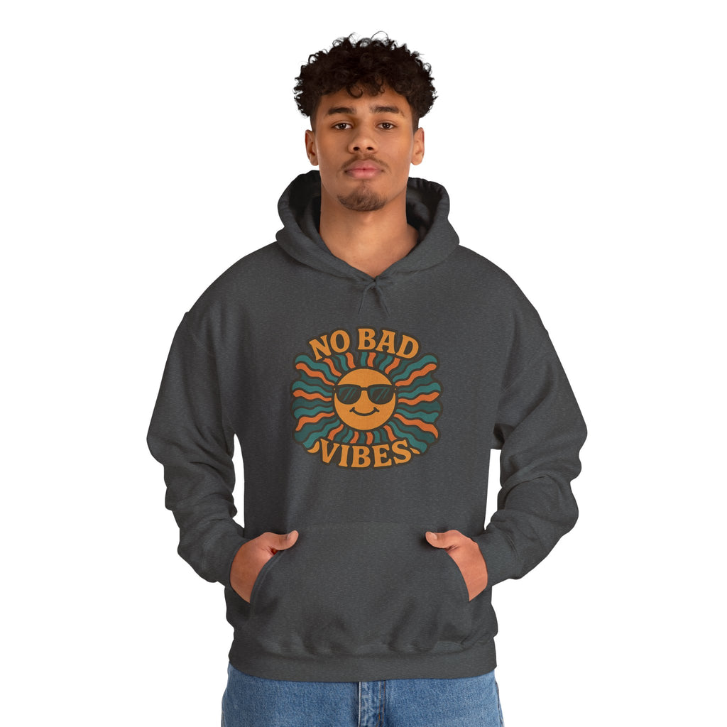 No Bad Vibes Hoodie – Unisex Pullover Sweatshirt, Cozy Positive Energy Hoodie, Retro Smiley Face, Chillwear Gift for Friends