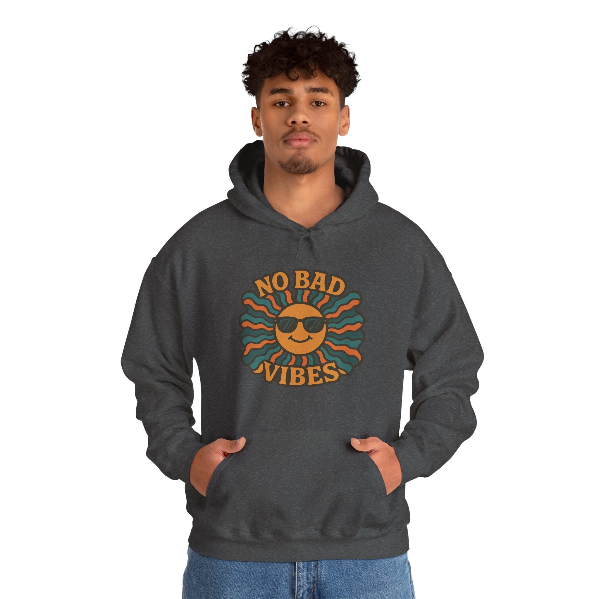 No Bad Vibes Hoodie – Unisex Pullover Sweatshirt, Cozy Positive Energy Hoodie, Retro Smiley Face, Chillwear Gift for Friends