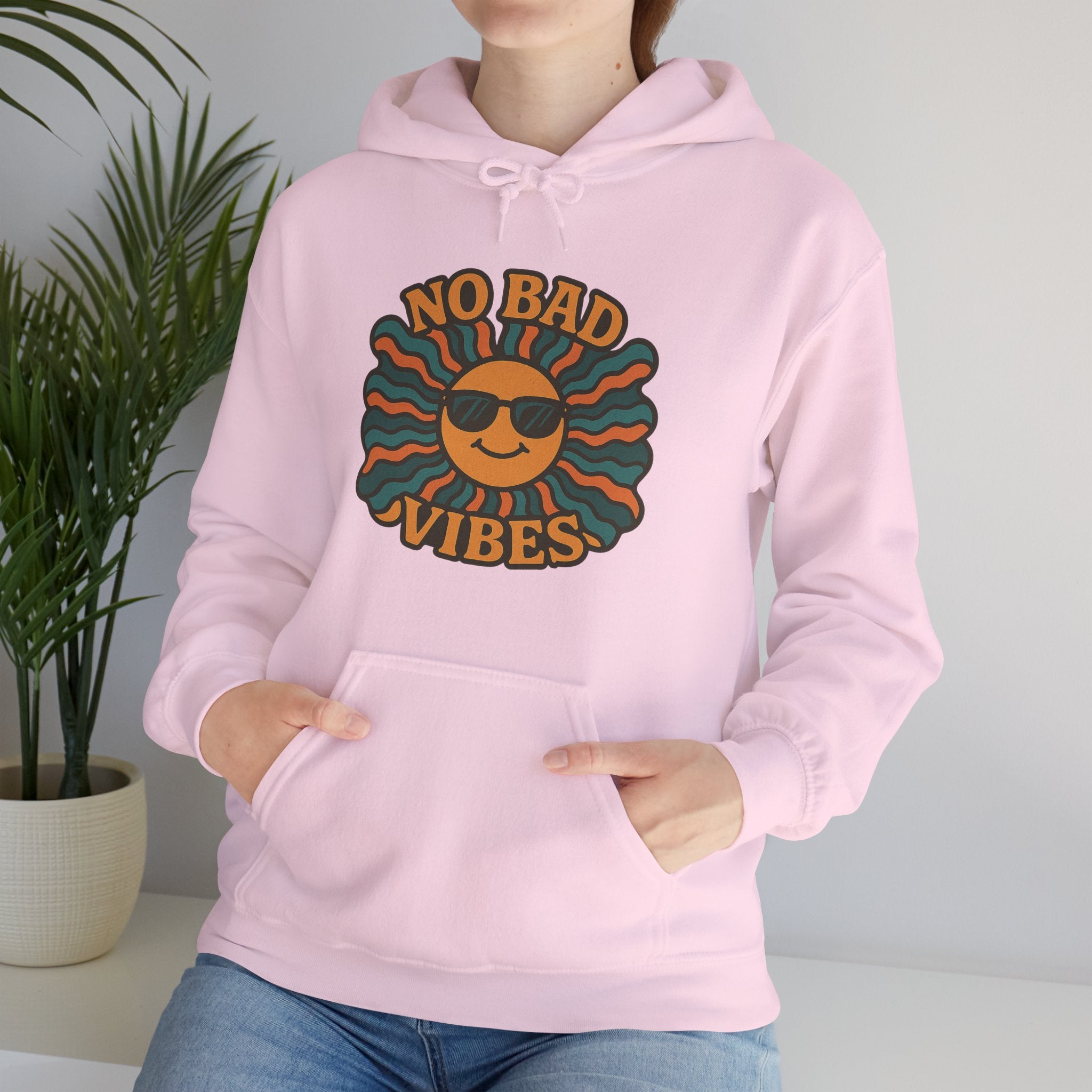 No Bad Vibes Hoodie – Unisex Pullover Sweatshirt, Cozy Positive Energy Hoodie, Retro Smiley Face, Chillwear Gift for Friends