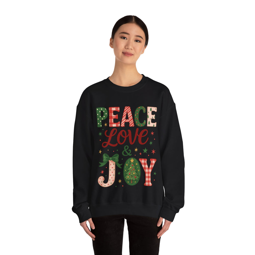 Peace, Love & Joy Christmas Sweatshirt – Festive Unisex Crewneck, Cozy Holiday Pullover, Positive Vibes Gift for Friends & Family