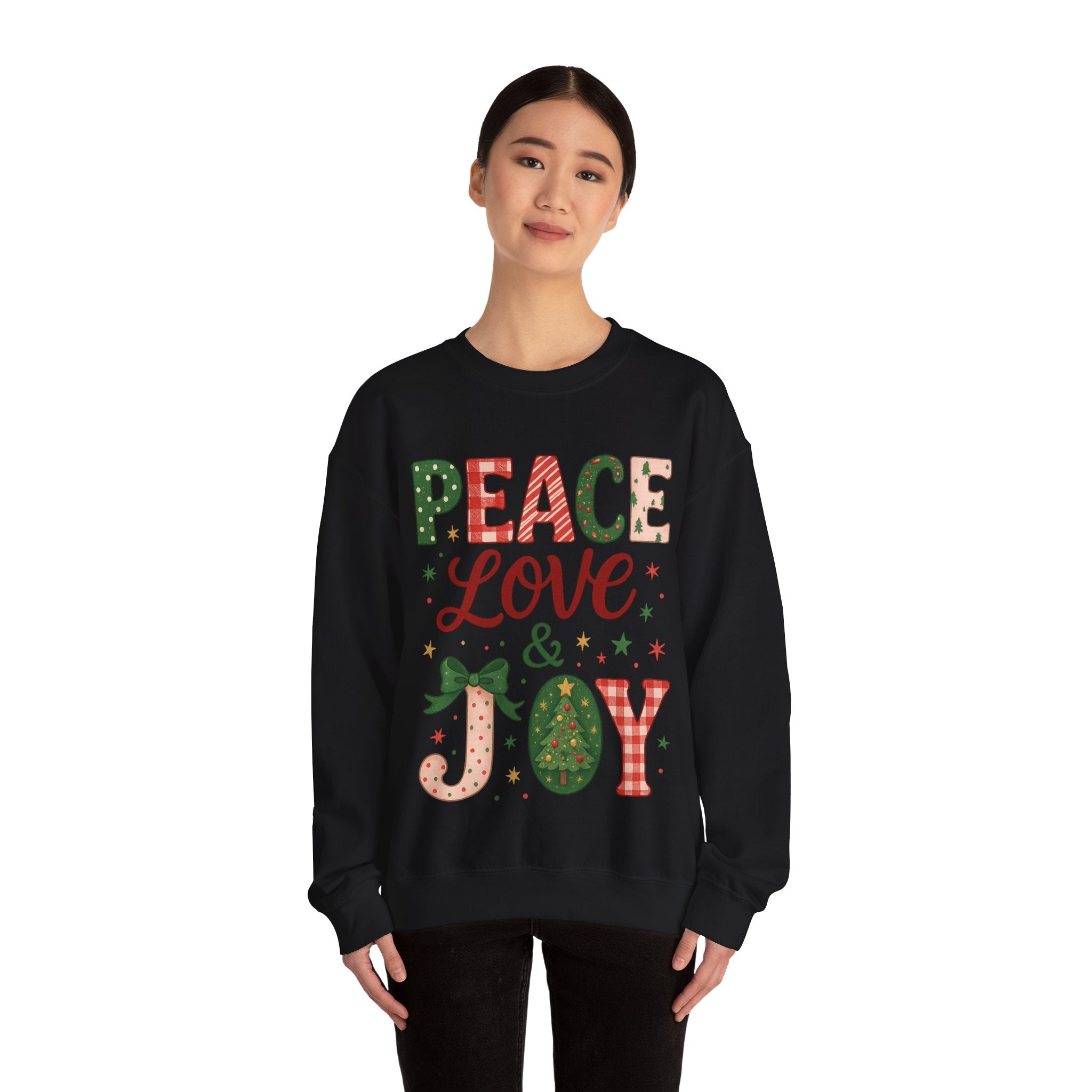 Peace, Love & Joy Christmas Sweatshirt – Festive Unisex Crewneck, Cozy Holiday Pullover, Positive Vibes Gift for Friends & Family