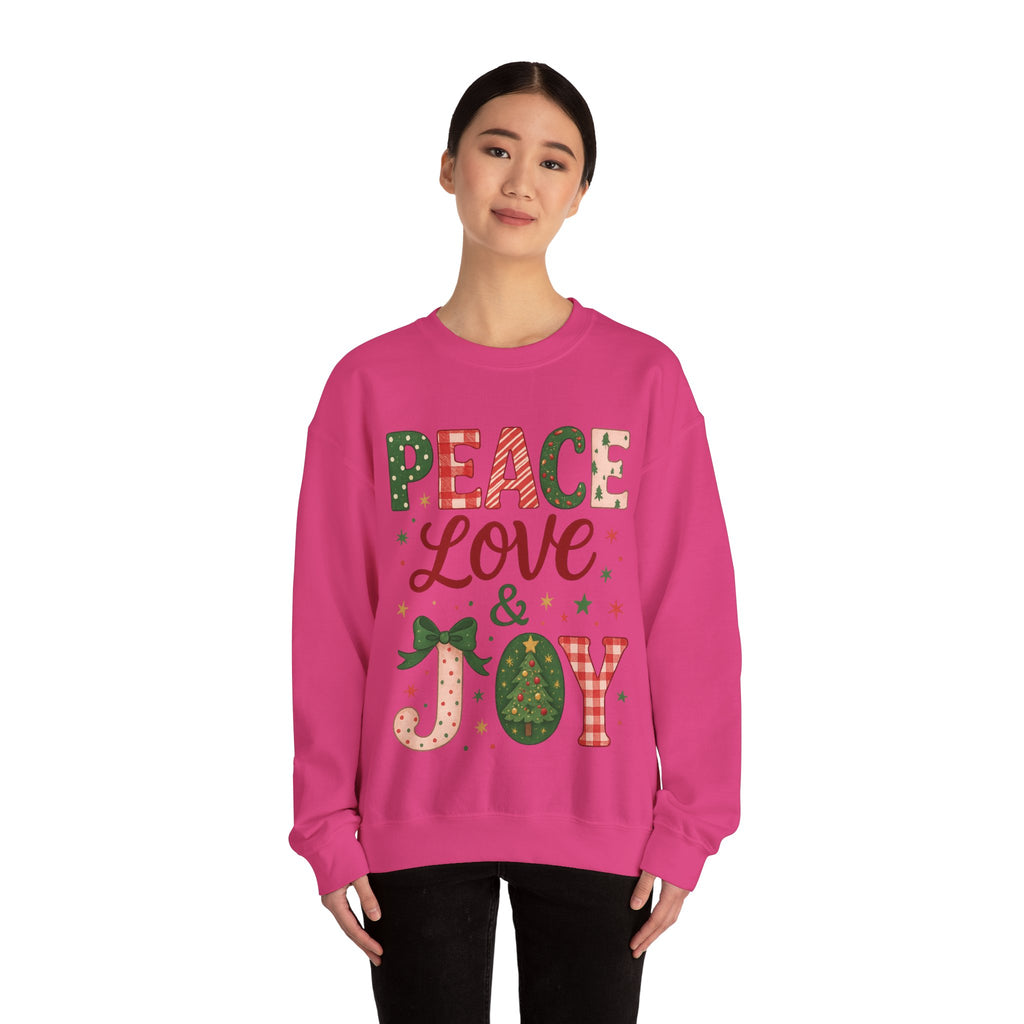 Peace, Love & Joy Christmas Sweatshirt – Festive Unisex Crewneck, Cozy Holiday Pullover, Positive Vibes Gift for Friends & Family