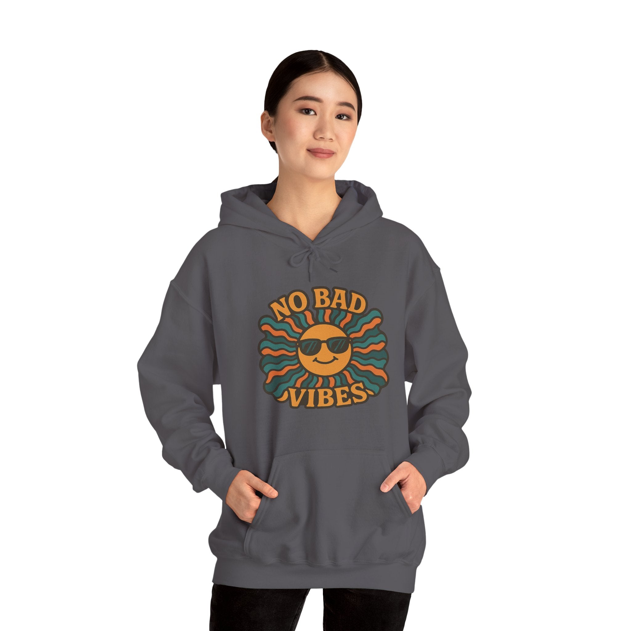 No Bad Vibes Hoodie – Unisex Pullover Sweatshirt, Cozy Positive Energy Hoodie, Retro Smiley Face, Chillwear Gift for Friends