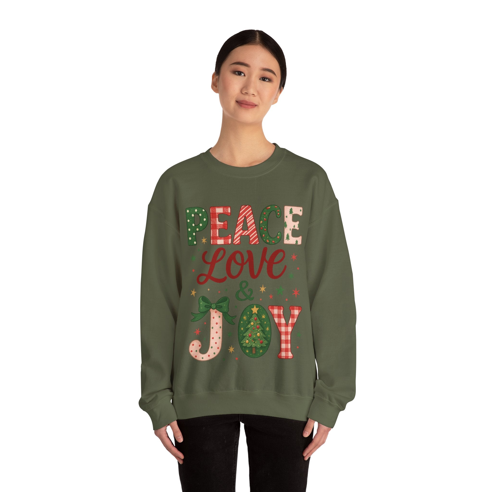 Peace, Love & Joy Christmas Sweatshirt – Festive Unisex Crewneck, Cozy Holiday Pullover, Positive Vibes Gift for Friends & Family