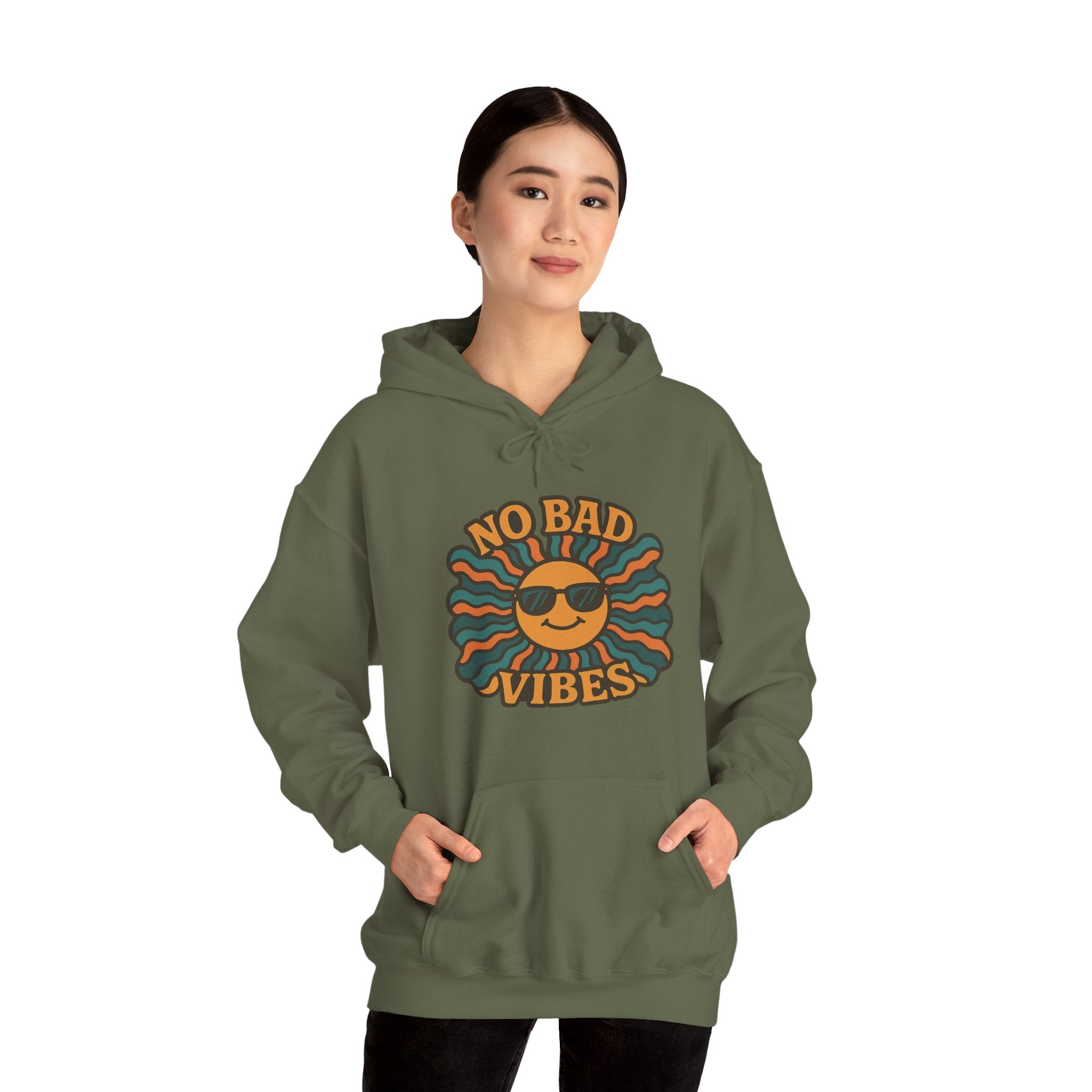 No Bad Vibes Hoodie – Unisex Pullover Sweatshirt, Cozy Positive Energy Hoodie, Retro Smiley Face, Chillwear Gift for Friends
