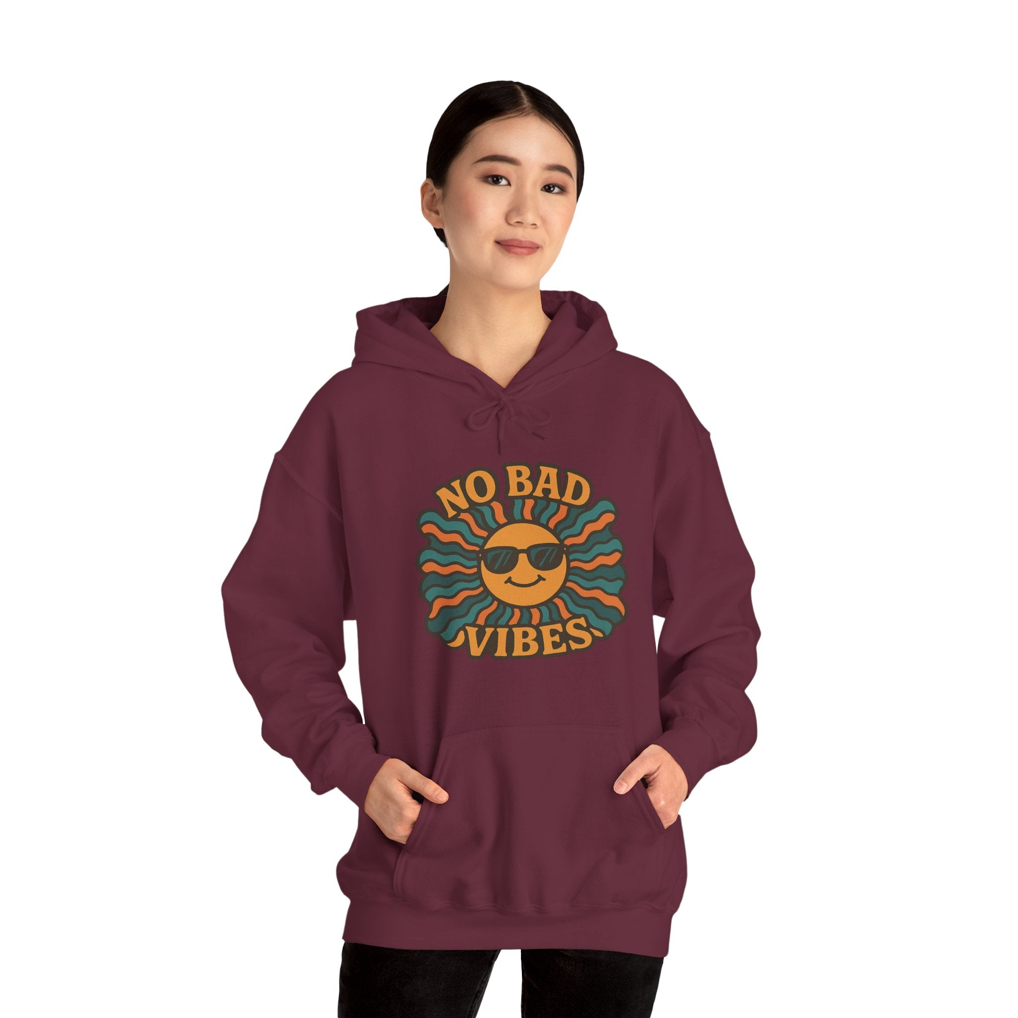 No Bad Vibes Hoodie – Unisex Pullover Sweatshirt, Cozy Positive Energy Hoodie, Retro Smiley Face, Chillwear Gift for Friends