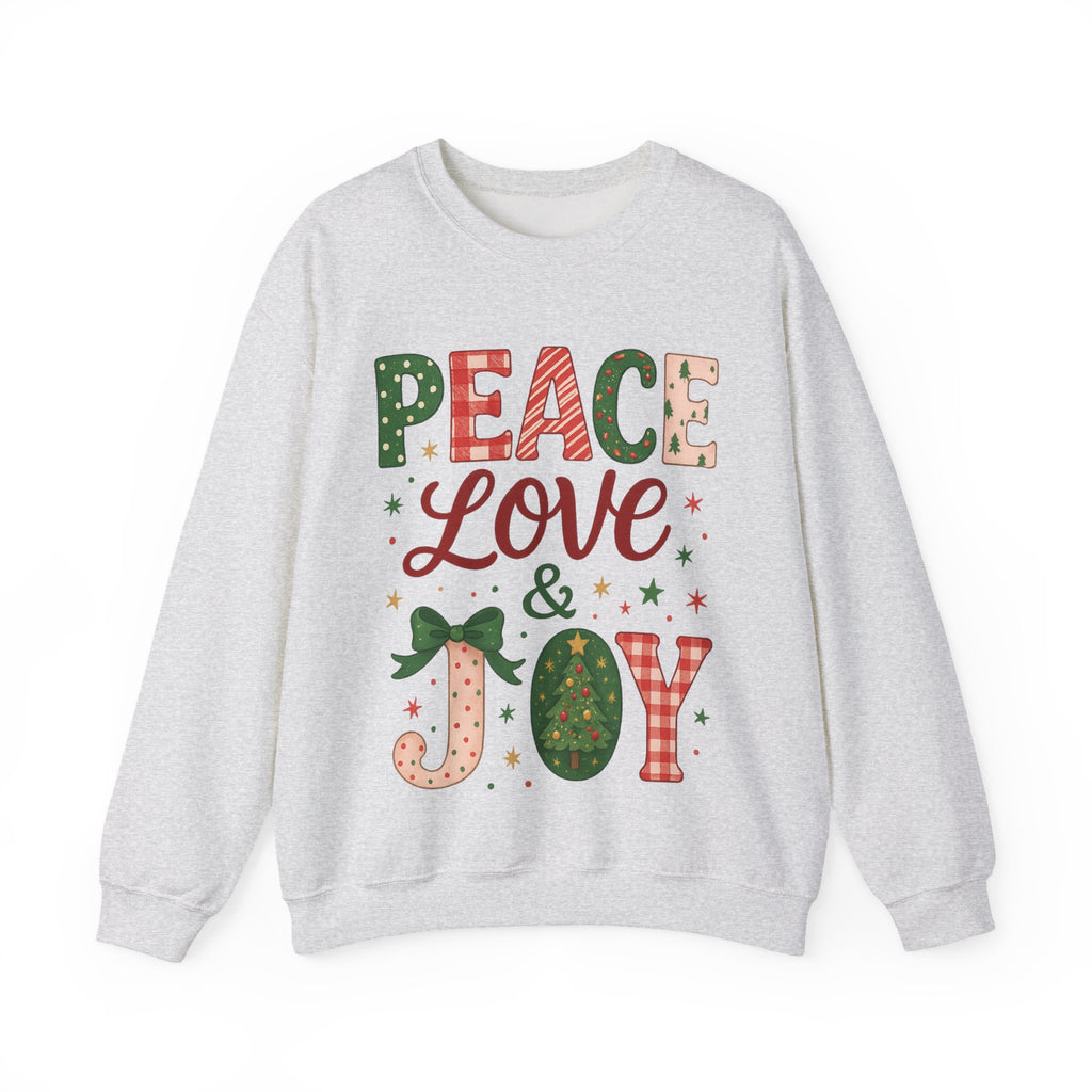 Peace, Love & Joy Christmas Sweatshirt – Festive Unisex Crewneck, Cozy Holiday Pullover, Positive Vibes Gift for Friends & Family