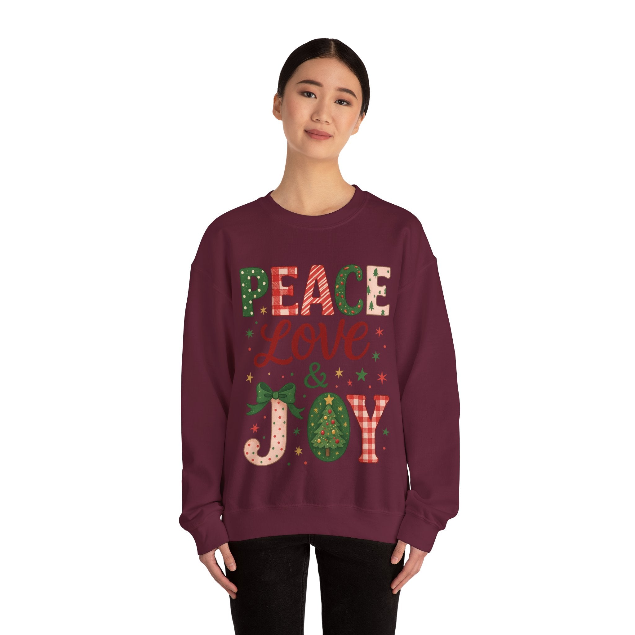 Peace, Love & Joy Christmas Sweatshirt – Festive Unisex Crewneck, Cozy Holiday Pullover, Positive Vibes Gift for Friends & Family