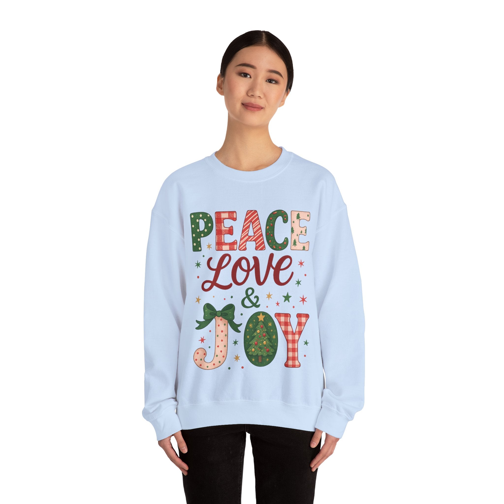 Peace, Love & Joy Christmas Sweatshirt – Festive Unisex Crewneck, Cozy Holiday Pullover, Positive Vibes Gift for Friends & Family