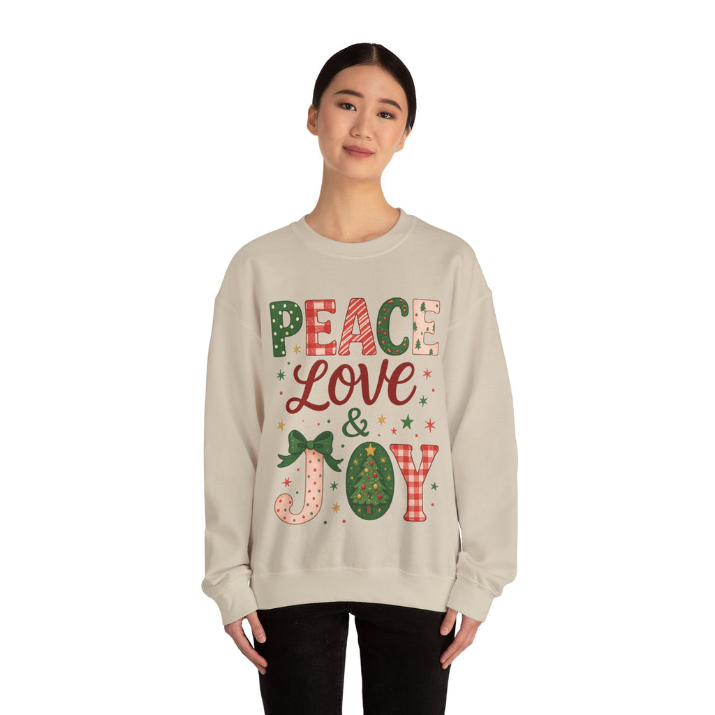 Peace, Love & Joy Christmas Sweatshirt – Festive Unisex Crewneck, Cozy Holiday Pullover, Positive Vibes Gift for Friends & Family