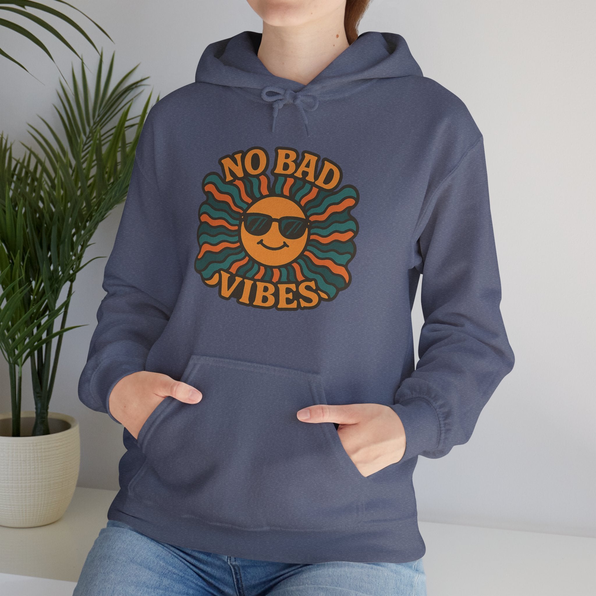 No Bad Vibes Hoodie – Unisex Pullover Sweatshirt, Cozy Positive Energy Hoodie, Retro Smiley Face, Chillwear Gift for Friends