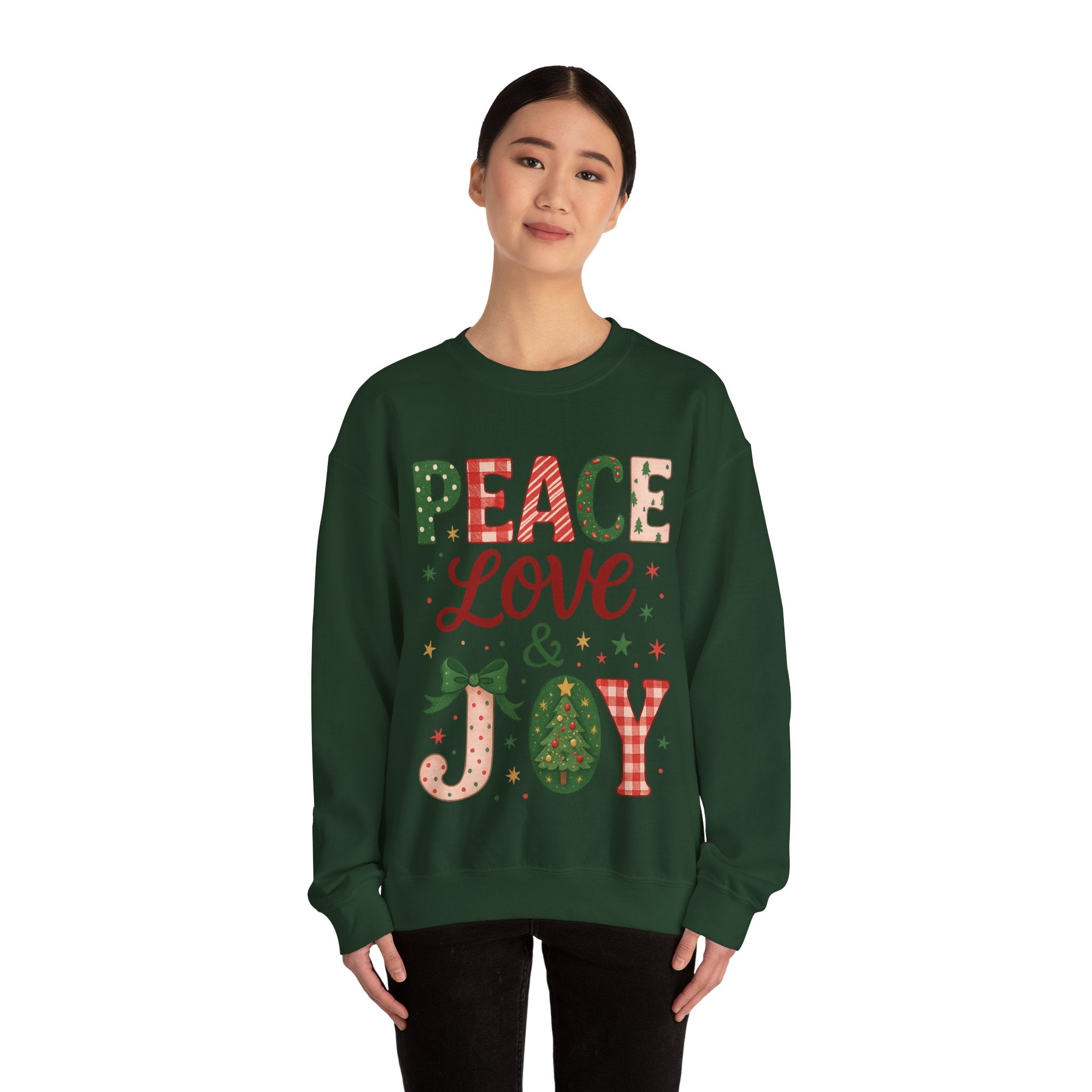 Peace, Love & Joy Christmas Sweatshirt – Festive Unisex Crewneck, Cozy Holiday Pullover, Positive Vibes Gift for Friends & Family
