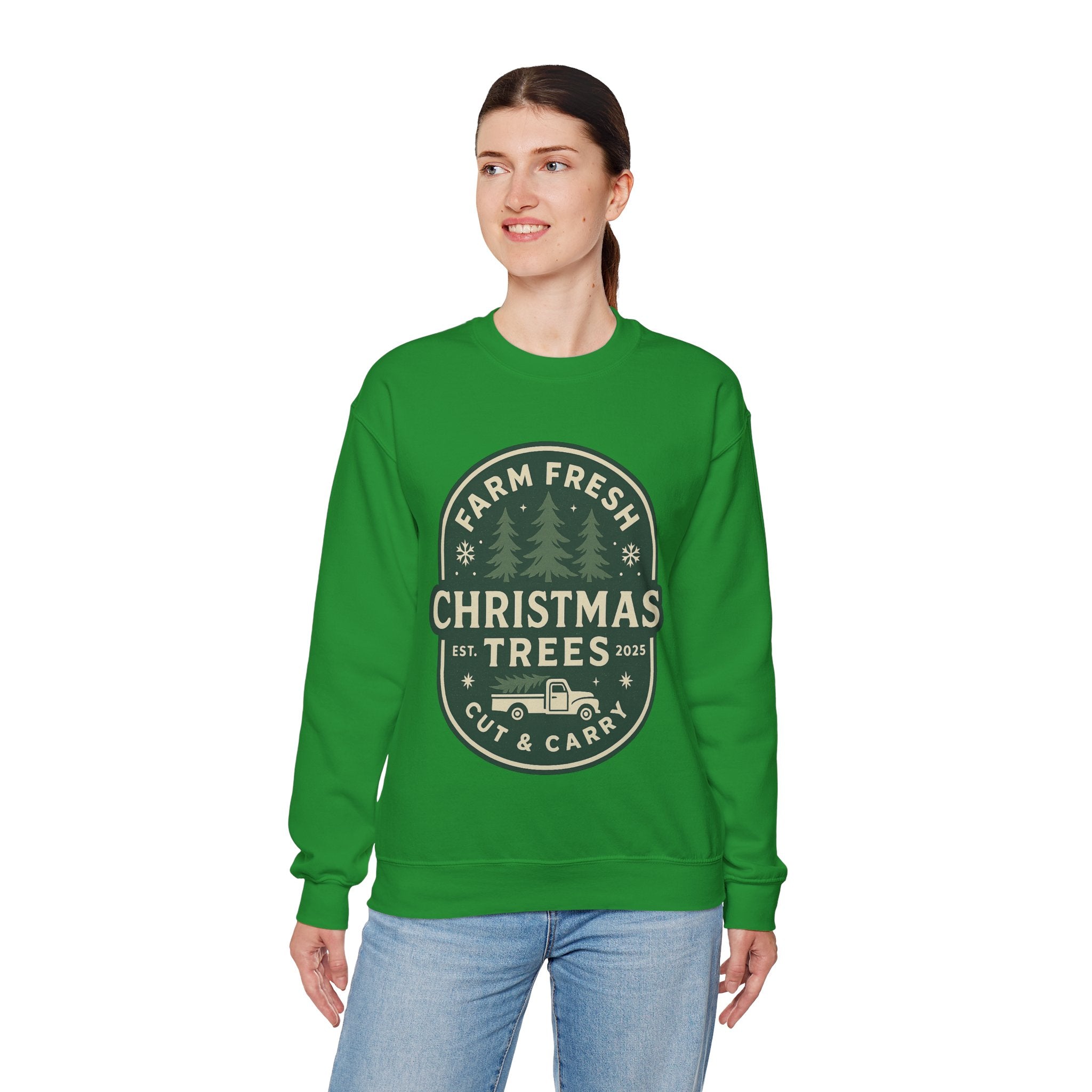 Farm Fresh Christmas Trees Sweatshirt, Cozy Holiday Apparel, Unisex Crewneck, Seasonal Gift, Christmas Sweater, Winter Wardrobe