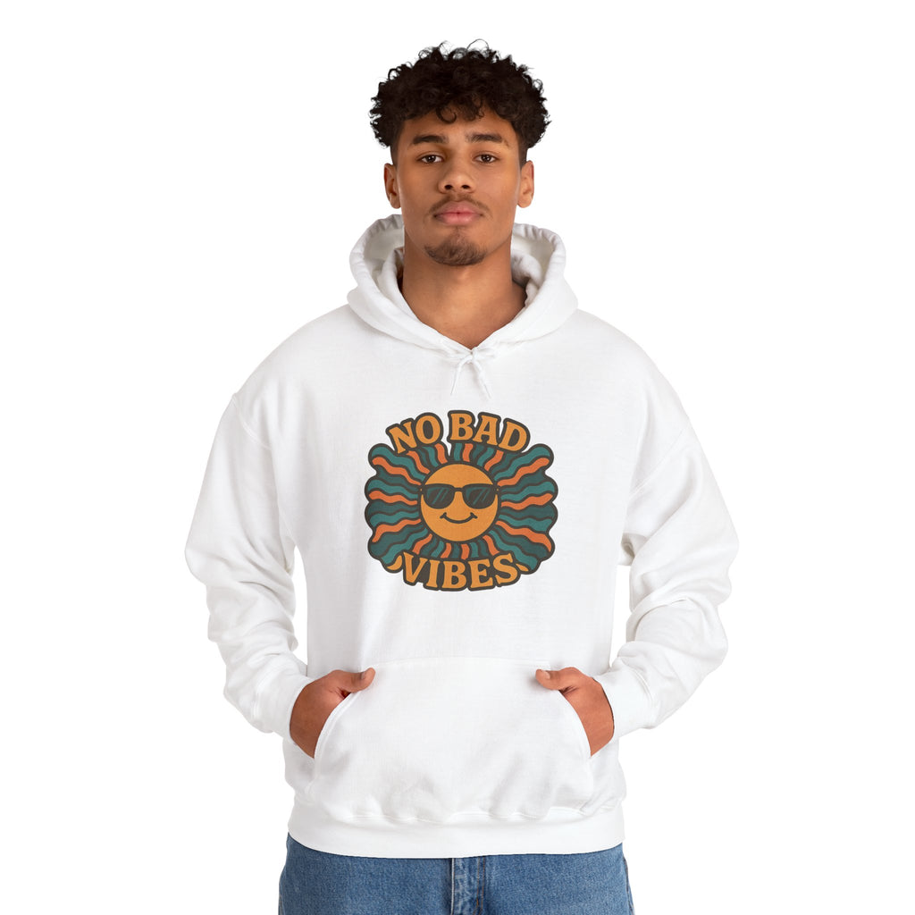 No Bad Vibes Hoodie – Unisex Pullover Sweatshirt, Cozy Positive Energy Hoodie, Retro Smiley Face, Chillwear Gift for Friends