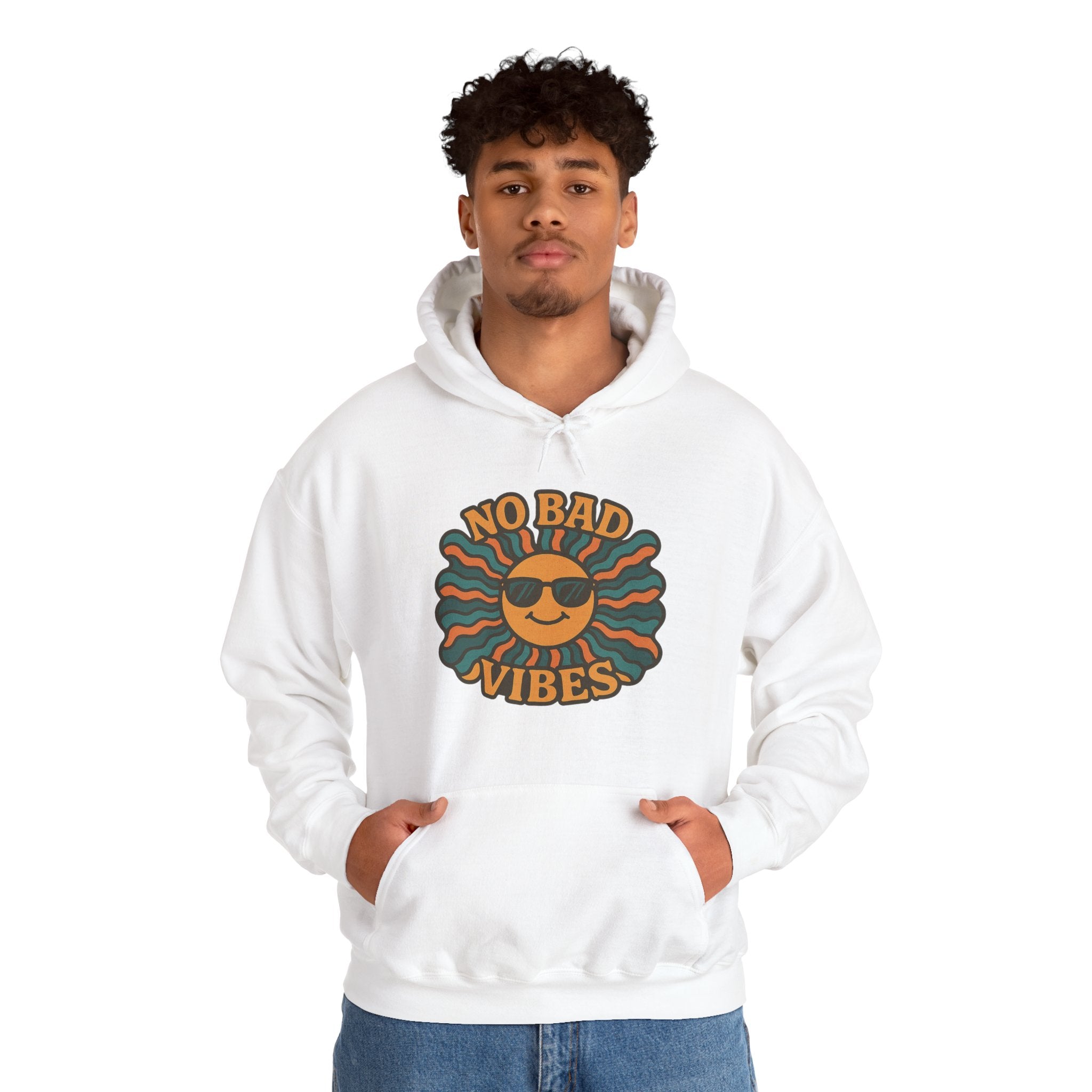 No Bad Vibes Hoodie – Unisex Pullover Sweatshirt, Cozy Positive Energy Hoodie, Retro Smiley Face, Chillwear Gift for Friends