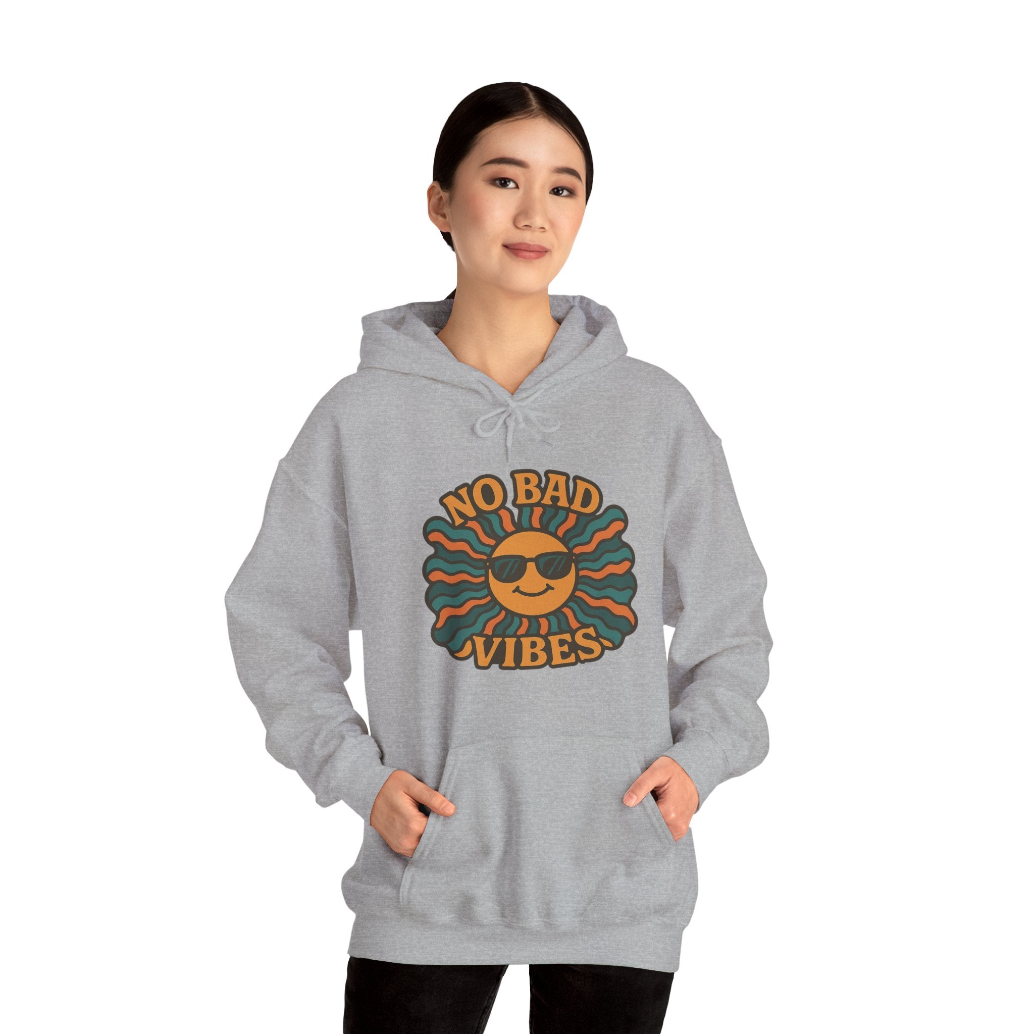 No Bad Vibes Hoodie – Unisex Pullover Sweatshirt, Cozy Positive Energy Hoodie, Retro Smiley Face, Chillwear Gift for Friends