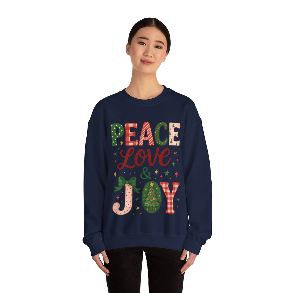 Peace, Love & Joy Christmas Sweatshirt – Festive Unisex Crewneck, Cozy Holiday Pullover, Positive Vibes Gift for Friends & Family
