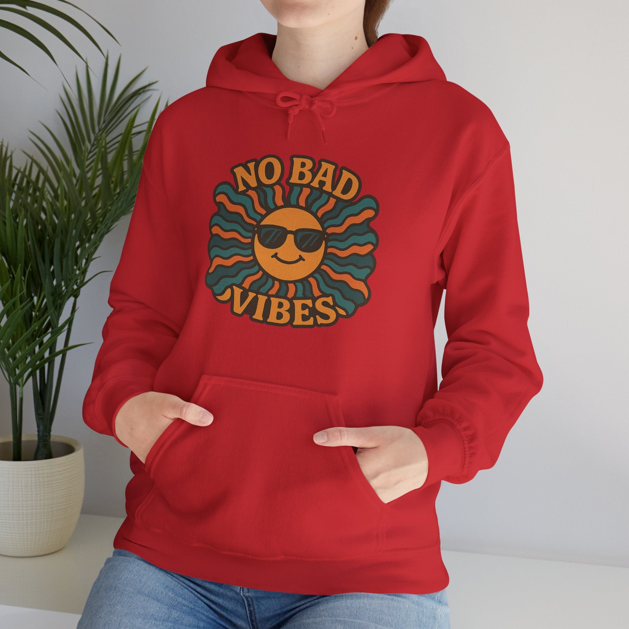 No Bad Vibes Hoodie – Unisex Pullover Sweatshirt, Cozy Positive Energy Hoodie, Retro Smiley Face, Chillwear Gift for Friends