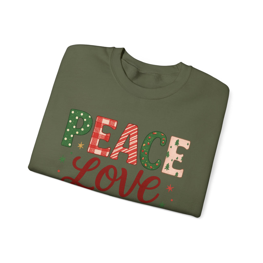 Peace, Love & Joy Christmas Sweatshirt – Festive Unisex Crewneck, Cozy Holiday Pullover, Positive Vibes Gift for Friends & Family