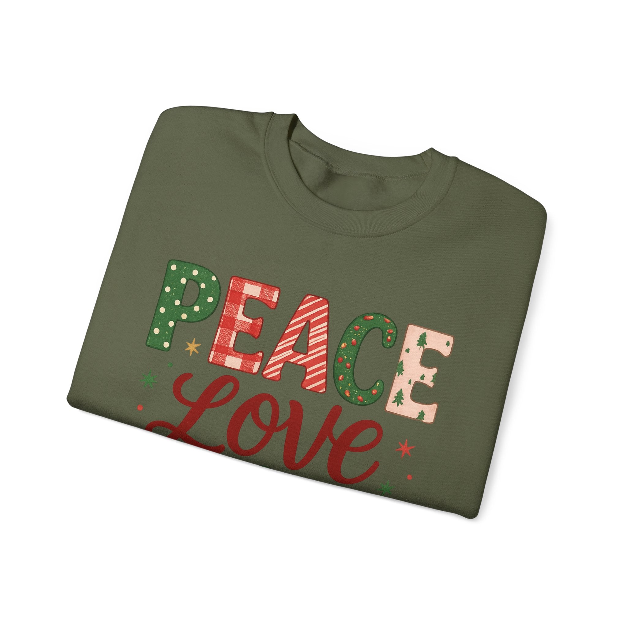 Peace, Love & Joy Christmas Sweatshirt – Festive Unisex Crewneck, Cozy Holiday Pullover, Positive Vibes Gift for Friends & Family