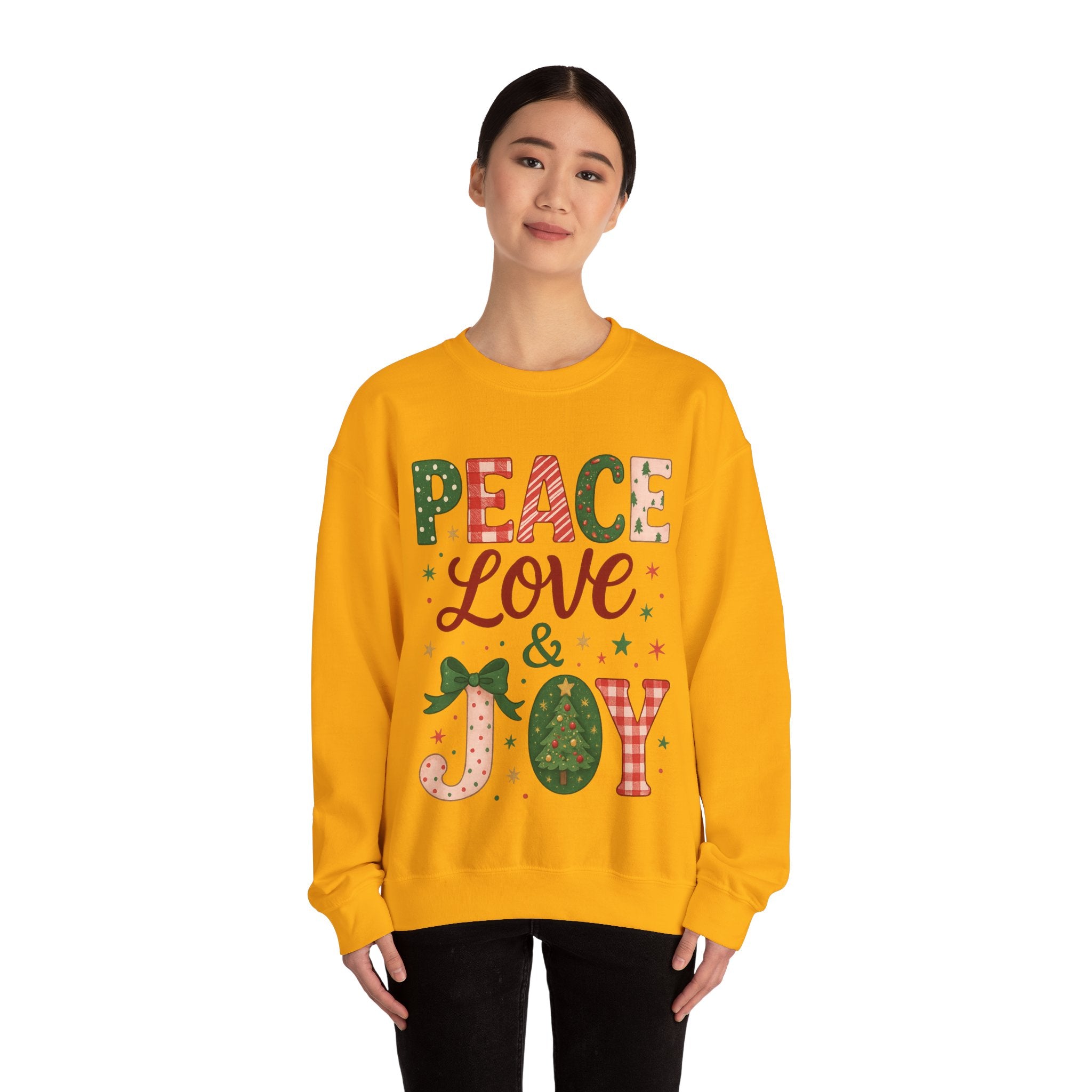 Peace, Love & Joy Christmas Sweatshirt – Festive Unisex Crewneck, Cozy Holiday Pullover, Positive Vibes Gift for Friends & Family