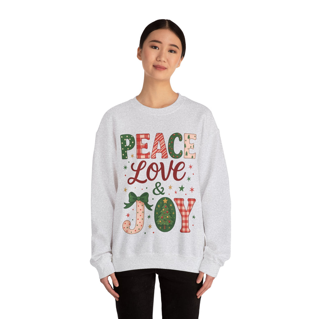 Peace, Love & Joy Christmas Sweatshirt – Festive Unisex Crewneck, Cozy Holiday Pullover, Positive Vibes Gift for Friends & Family