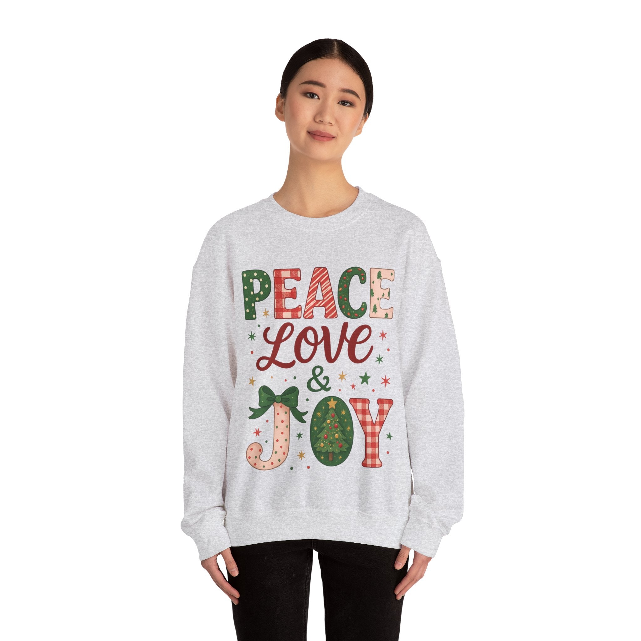 Peace, Love & Joy Christmas Sweatshirt – Festive Unisex Crewneck, Cozy Holiday Pullover, Positive Vibes Gift for Friends & Family