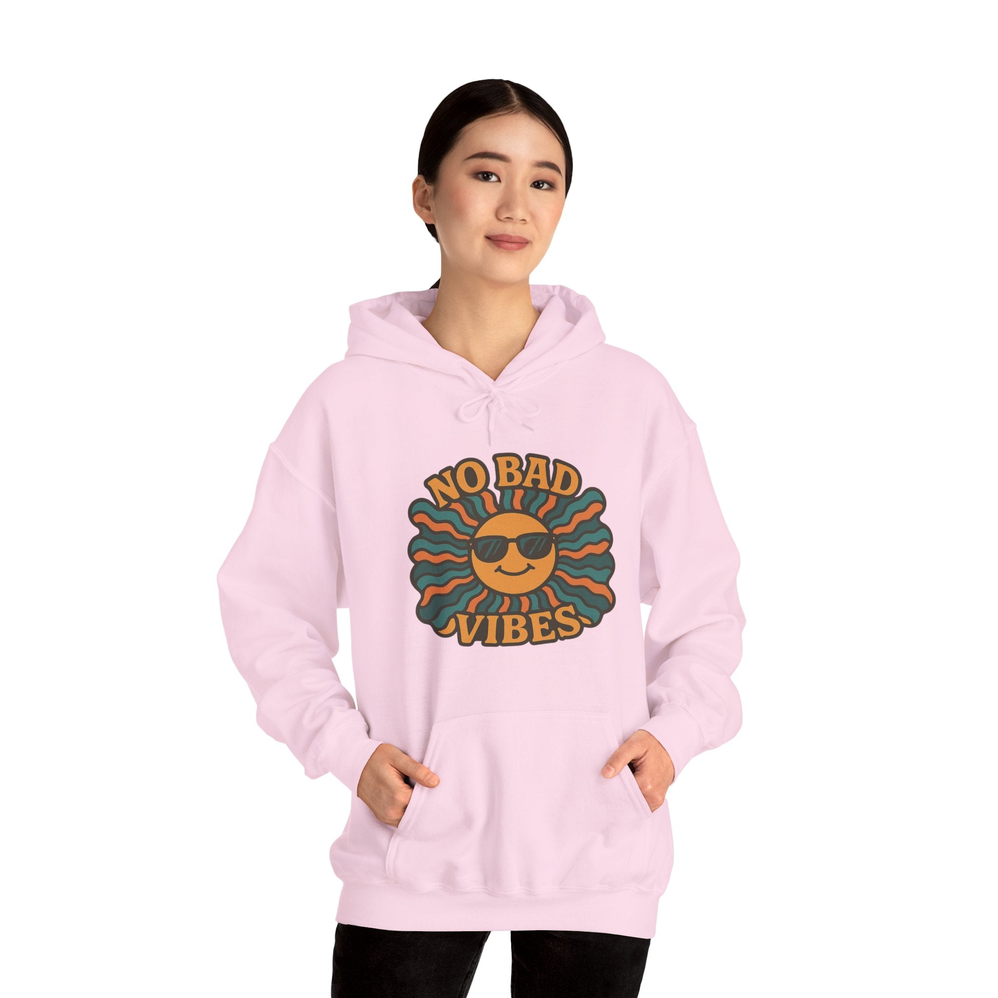 No Bad Vibes Hoodie – Unisex Pullover Sweatshirt, Cozy Positive Energy Hoodie, Retro Smiley Face, Chillwear Gift for Friends