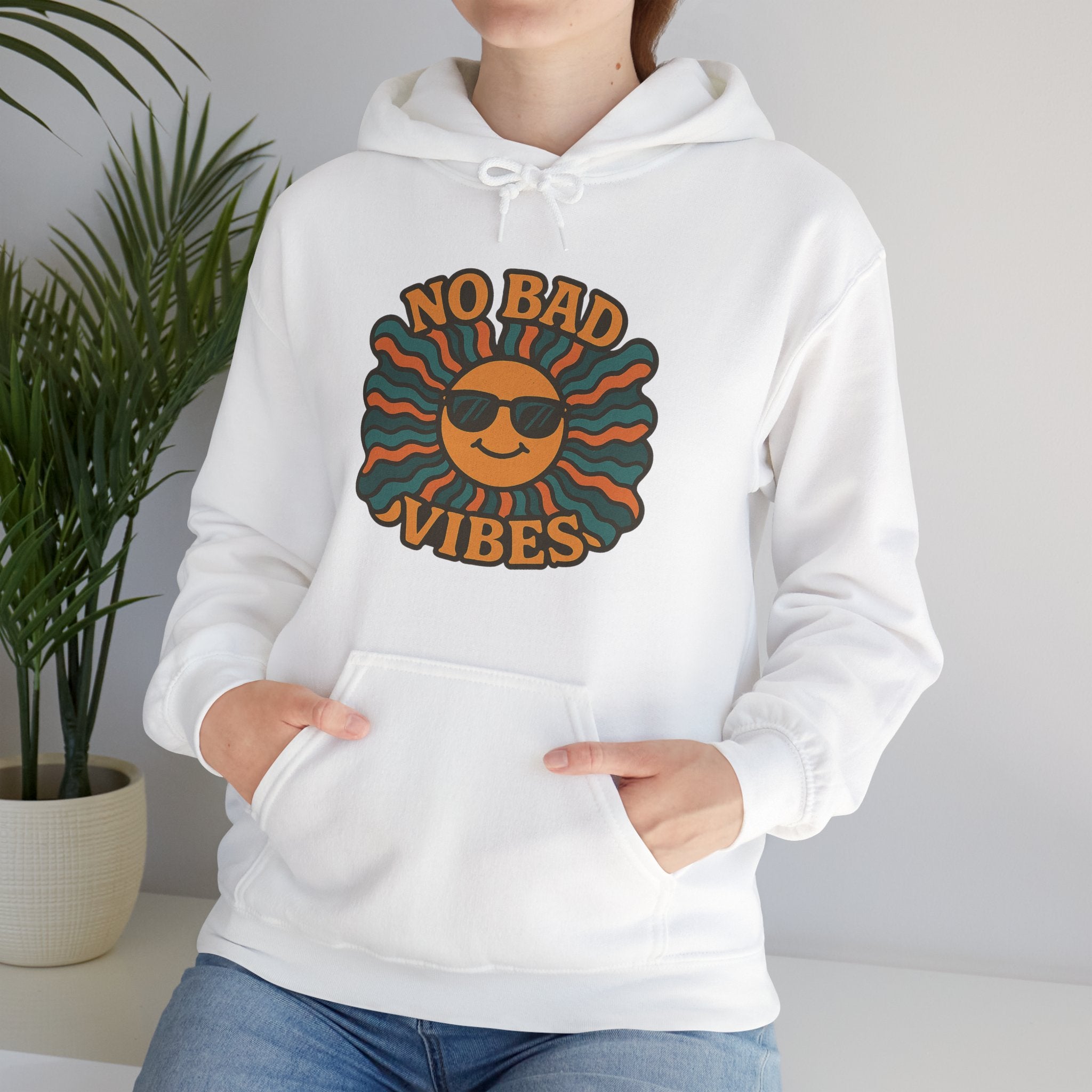 No Bad Vibes Hoodie – Unisex Pullover Sweatshirt, Cozy Positive Energy Hoodie, Retro Smiley Face, Chillwear Gift for Friends