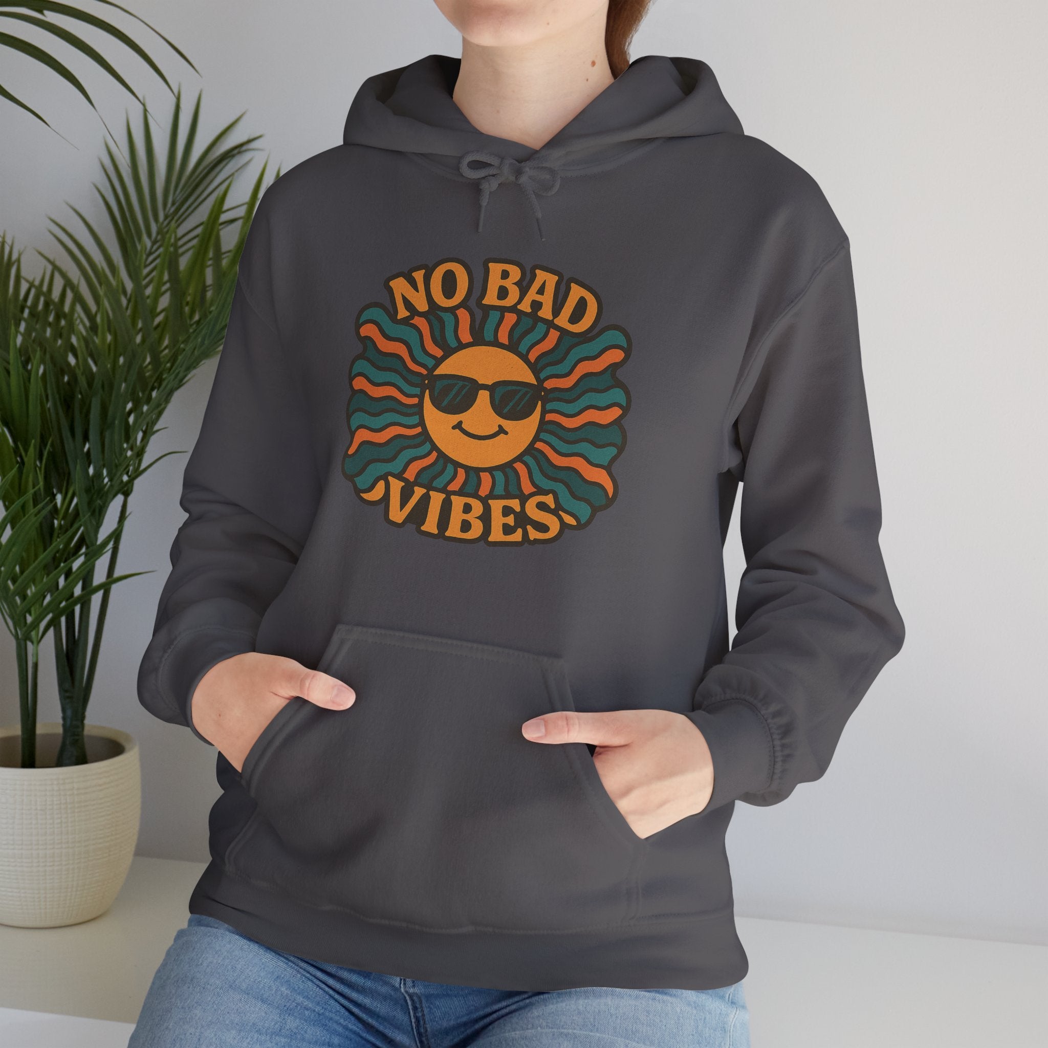 No Bad Vibes Hoodie – Unisex Pullover Sweatshirt, Cozy Positive Energy Hoodie, Retro Smiley Face, Chillwear Gift for Friends