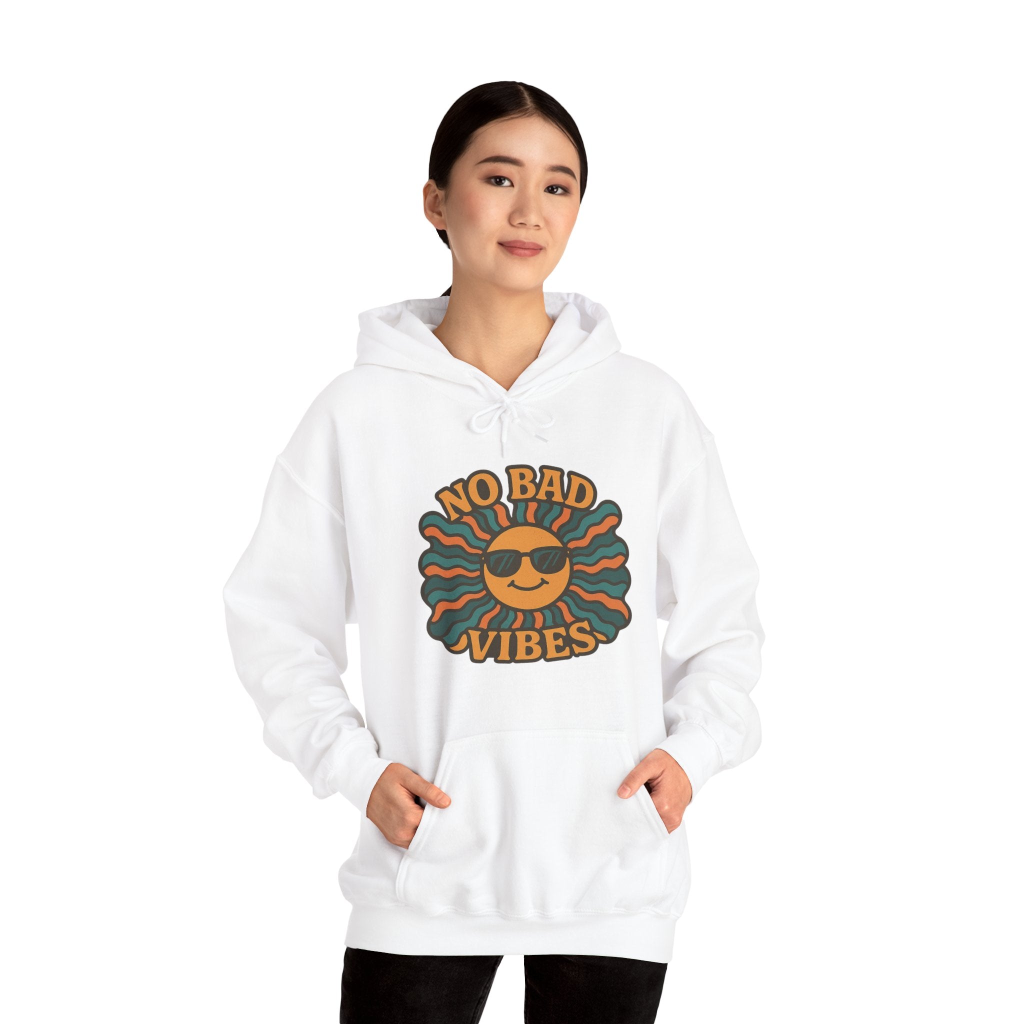 No Bad Vibes Hoodie – Unisex Pullover Sweatshirt, Cozy Positive Energy Hoodie, Retro Smiley Face, Chillwear Gift for Friends
