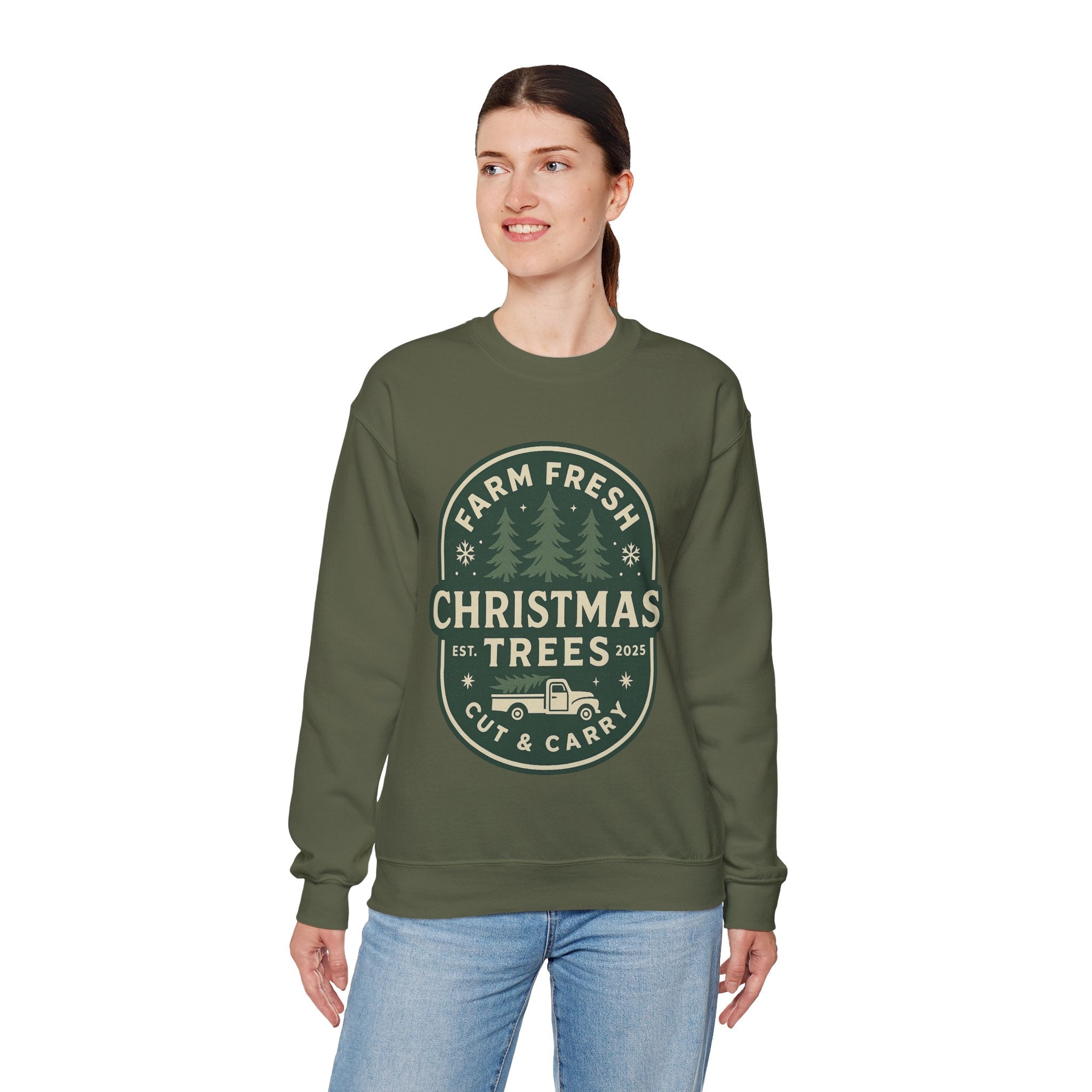 Farm Fresh Christmas Trees Sweatshirt, Cozy Holiday Apparel, Unisex Crewneck, Seasonal Gift, Christmas Sweater, Winter Wardrobe