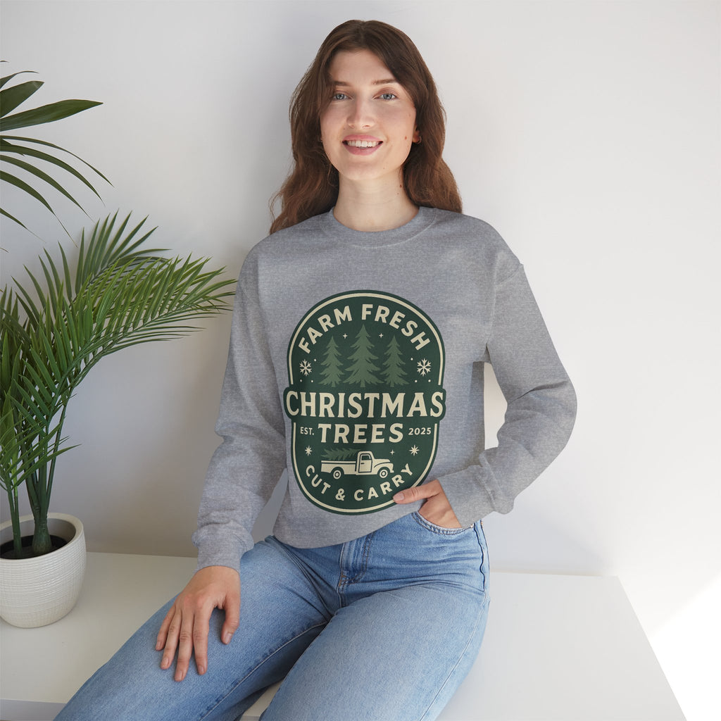 Farm Fresh Christmas Trees Sweatshirt, Cozy Holiday Apparel, Unisex Crewneck, Seasonal Gift, Christmas Sweater, Winter Wardrobe