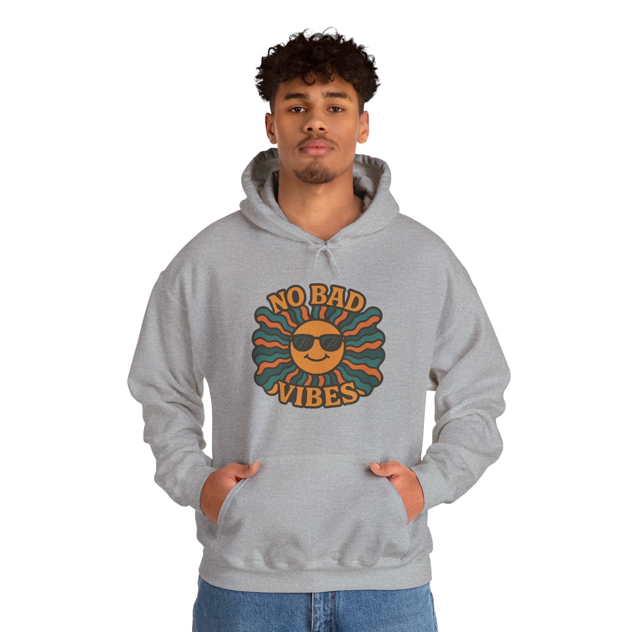 No Bad Vibes Hoodie – Unisex Pullover Sweatshirt, Cozy Positive Energy Hoodie, Retro Smiley Face, Chillwear Gift for Friends